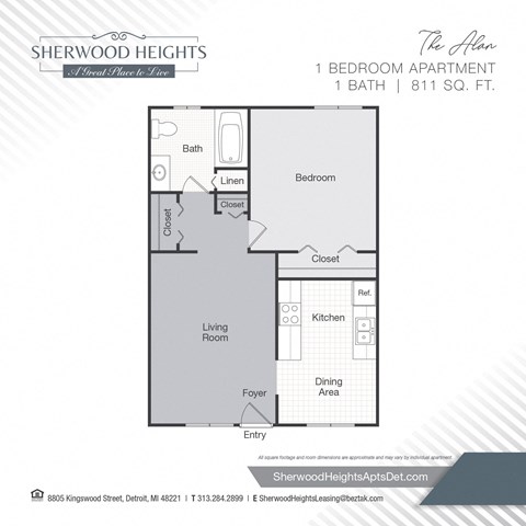 Floor plan for 1 bed, 1 bath, 811 sqft